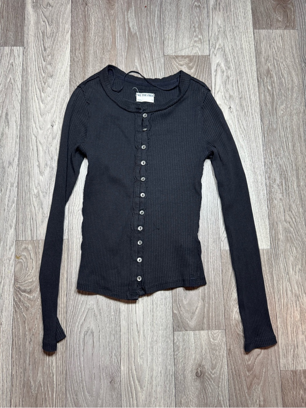 We The Free Ribbed Henley Top Womens Small Black Long Sleeve Button Front